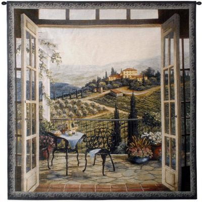 Balcony View of The Villa by Barbara Felisky | Woven Tapestry Wall Art Hanging | Peaceful Countryside Lanscape | 100% Cotton USA Size 53x53