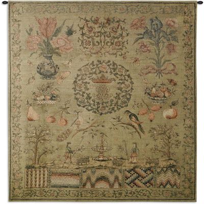 Sampler I | Woven Tapestry Wall Art Hanging | Vintage Sewing and Needlepoint Patterns Historic Reproduction | 100% Cotton USA Size 53x44