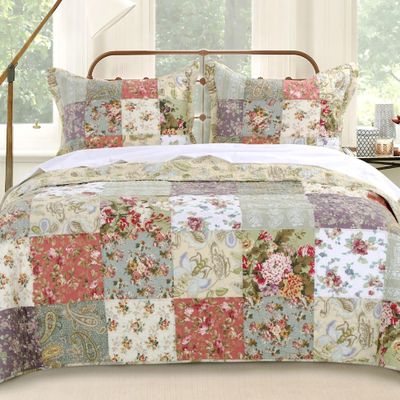Finely Stitched Country Cottage Patchwork Quilted Bedspread Set Oversized King (to The Floor)