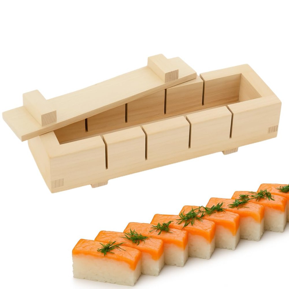 JapanBargain, Wooden Oshizushi Press Mold 8.5" x 2.75", Rectangular Pine Sushi Mold Box, Japanese Oshizushihako Sushi Press Maker, 3-Piece Detachable Design