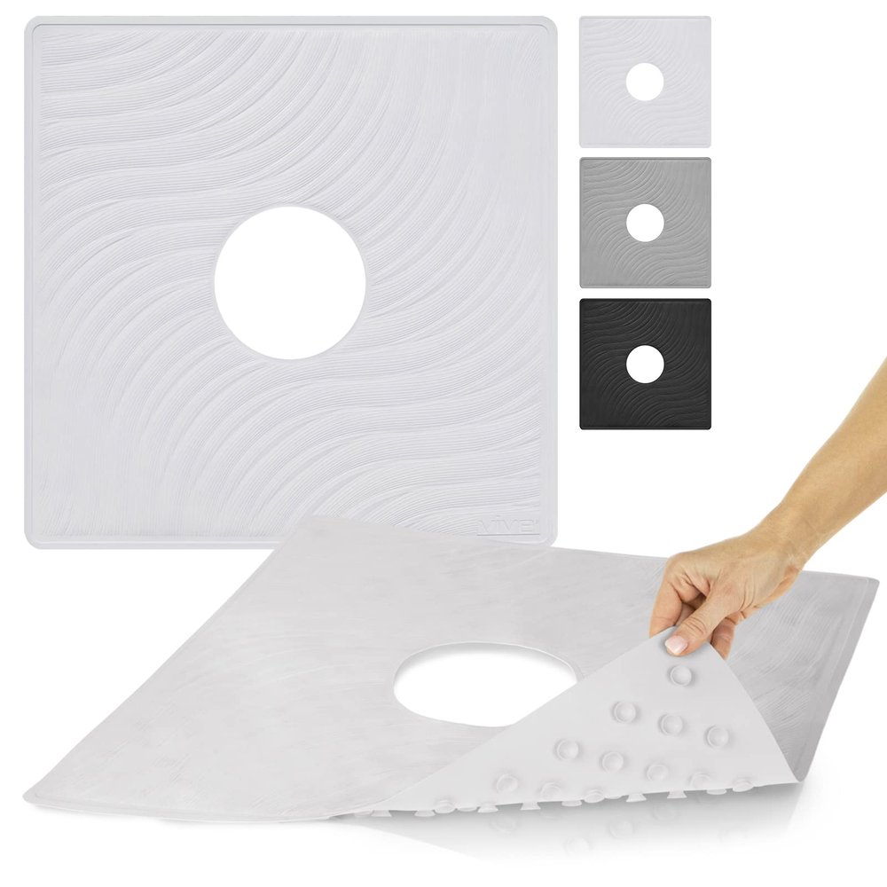 Vive Shower Mat - 22" by 22" Square Non Slip Large Bath Mat for Bathtub - Patented Design - Suction Cup Traction Skid Pad for Stalls Floors Tub - Textured Rubber with Drain Hole