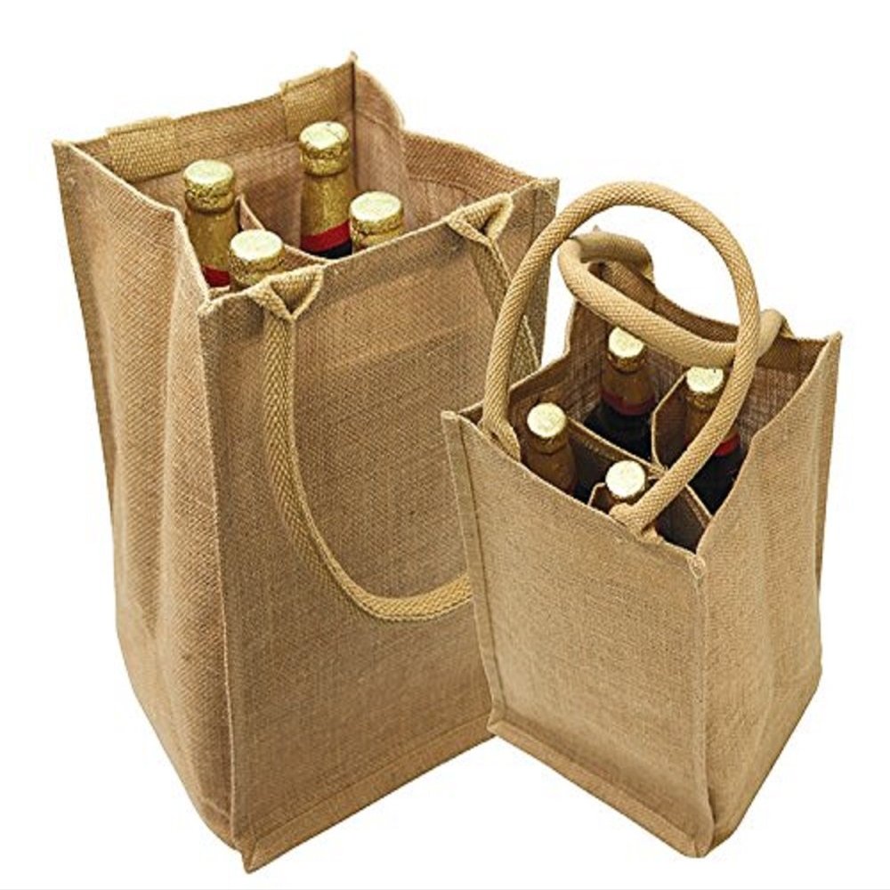 Jute Burlap 4 Bottle Wine Carrier Reusable Jute Wine Tote Bags w/Dividers (1)