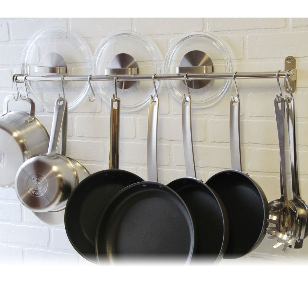 QQOUTLET Premium Chefmate Stainless Steel Gourmet Kitchen 31.5 Inch Wall Mount Rail and 10 S Hooks Set Utensil Pot Pan Lid Rack Storage Organizer, Silver