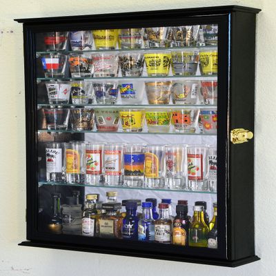 Large Mirror Backed and 7 Glass Shelves Shot Glasses Display Case Holder Cabinet , Black