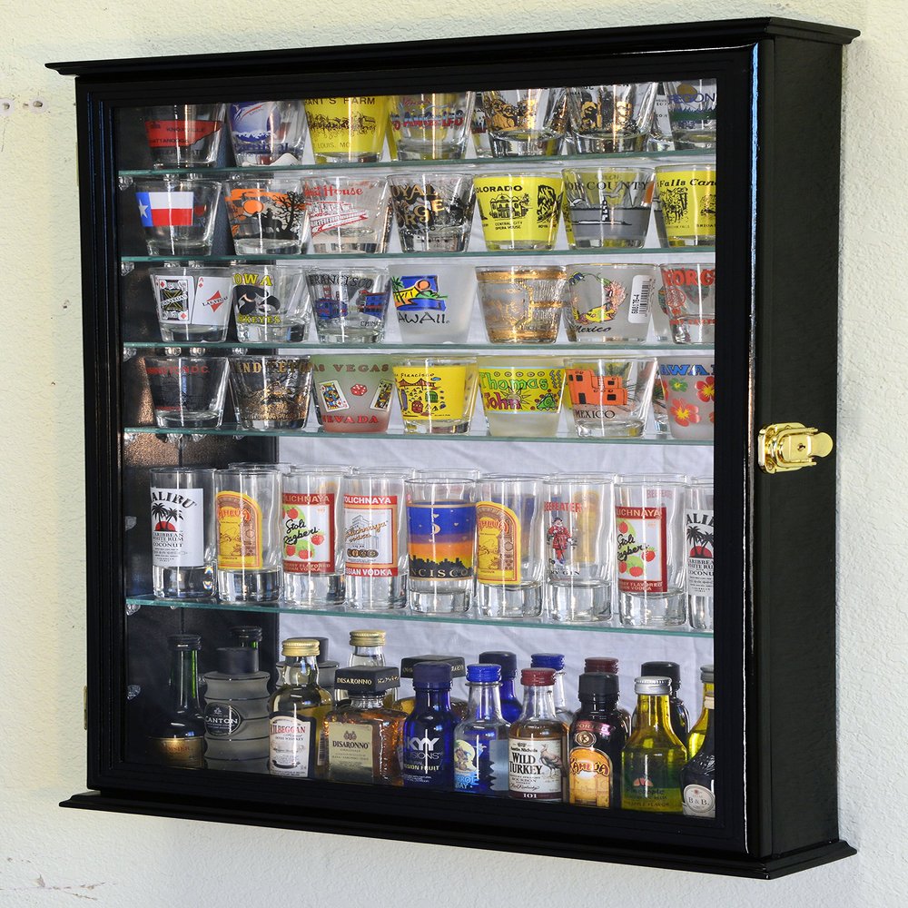 Large Mirror Backed and 7 Glass Shelves Shot Glasses Display Case Holder Cabinet , Black