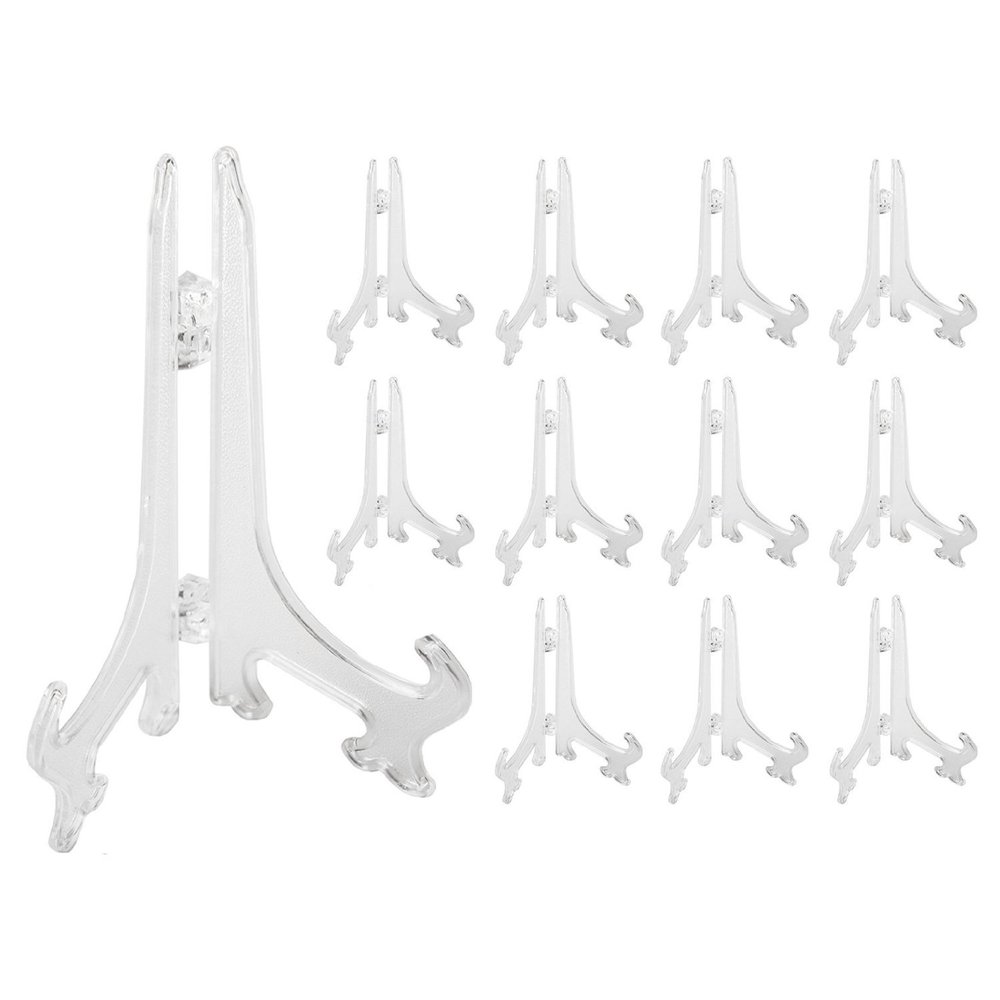 Super Z Outlet Clear Plastic Easels or Stand/Plate Holders to Display Pictures, Placecards, or Other Items at Weddings, Home Decoration, Birthdays, Tables (12 Pack) (5 Inch)
