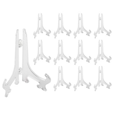 Super Z Outlet Clear Plastic Easels, 3.5 Mini Display Stands for Light Items  3 oz Capacity Holders for Place Cards, Small Photos, Trading Cards, Table Numbers, and Crafts (12 Pack)
