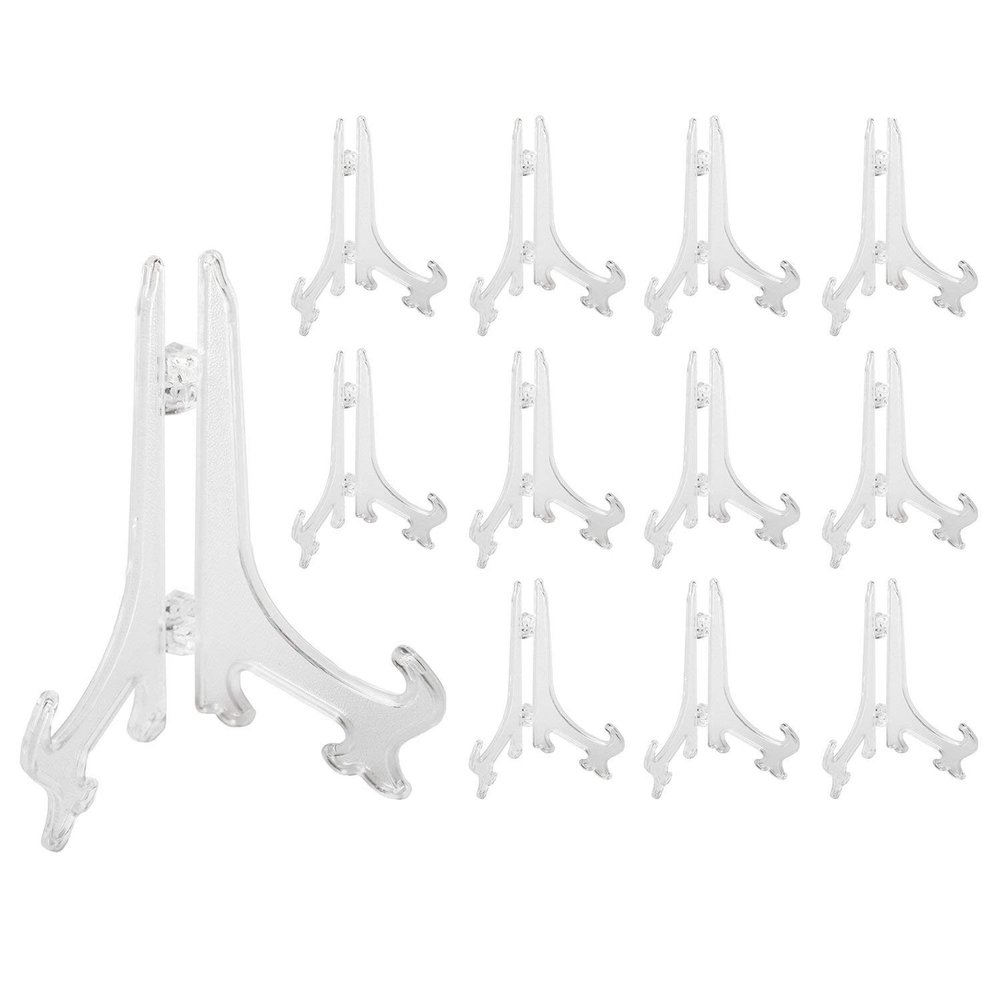 Super Z Outlet Clear Plastic Easels, 3.5 Mini Display Stands for Light Items 3 oz Capacity Holders for Place Cards, Small Photos, Trading Cards, Table Numbers, and Crafts (12 Pack)