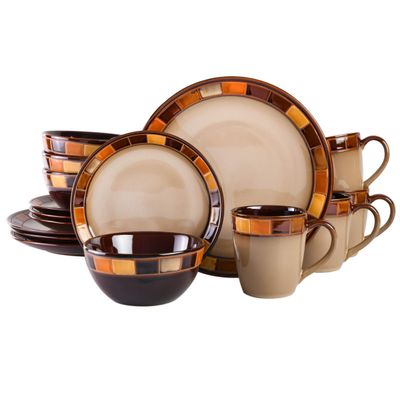 Gibson Casa Estebana 16-Piece Dinnerware Set, Service for 4  Beige and Brown Stoneware Plates and Bowls