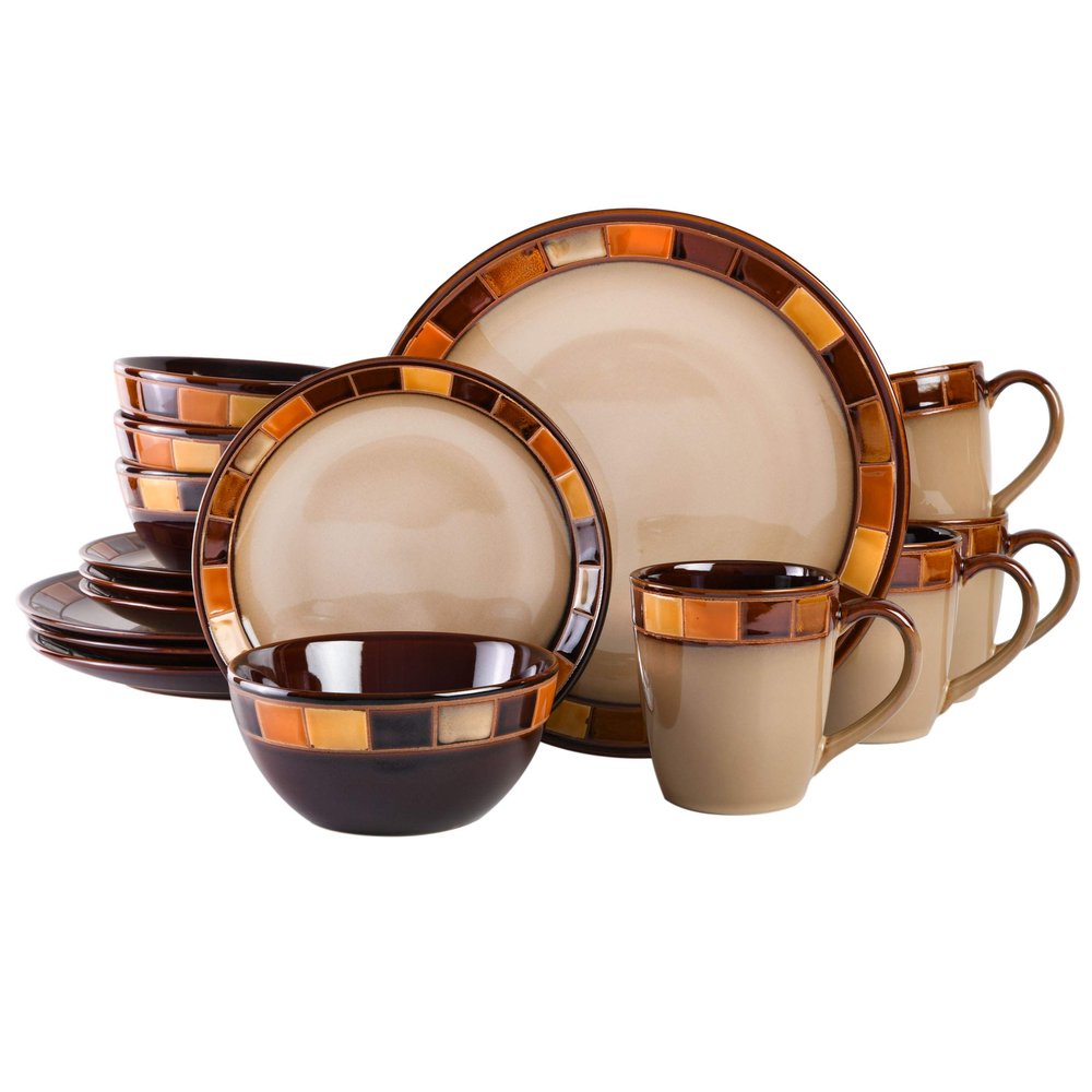 Gibson Casa Estebana 16-Piece Dinnerware Set, Service for 4 Beige and Brown Stoneware Plates and Bowls