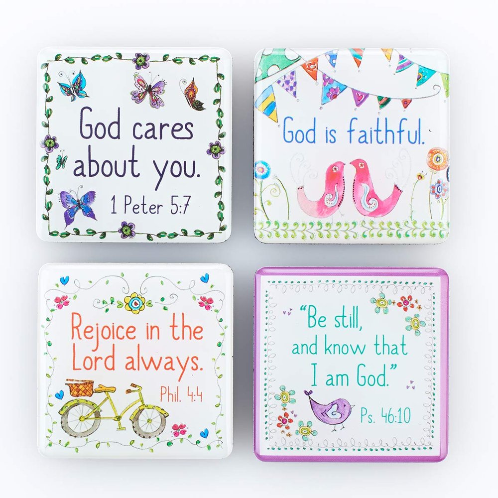 Christian Art Gifts Whimsical Refrigerator Magnets with Scripture 1 Peter 5:7 Inspirational Bible Verse - Everyday Blessings Fridge Magnet Set of 4, Glossy Magnets Home & Kitchen Decoration Pack of 4
