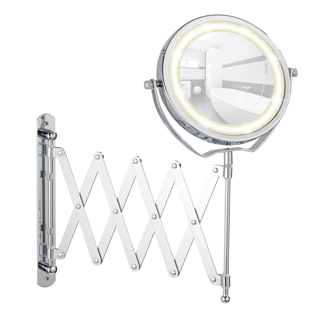WENKO 3656380100 LED Wall-Mounted Cosmetic Mirror Brolo - Illuminated, Height-Adjustable, Swivel Function, Mirror Surface diam. 4.3 inch, Steel, 7.3 x 15.2 x 17.7 inch, Chrome, Silver