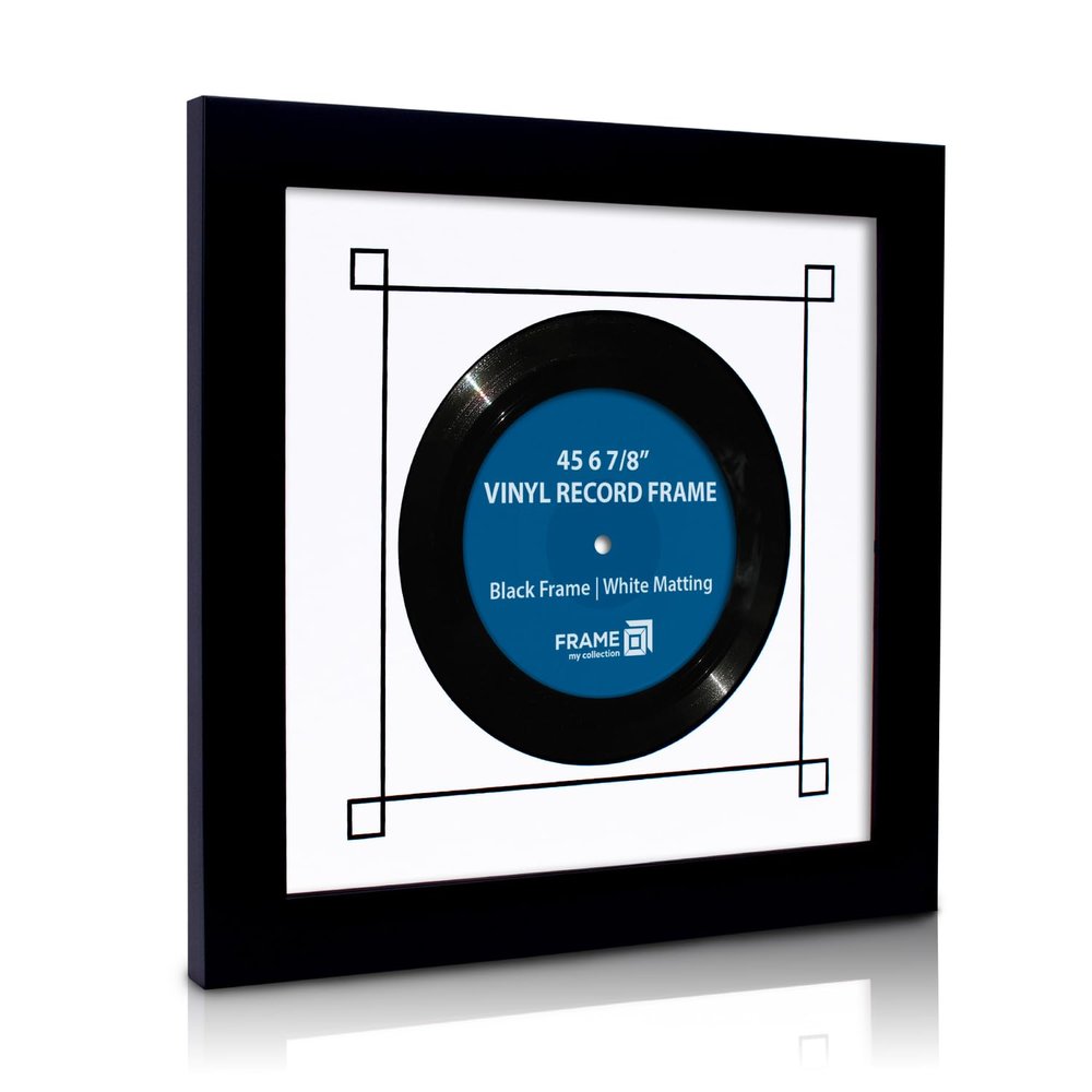 Frame My Collection 45 RPM Vinyl Record Frame | Wall Mounted Solid Wood Record Display Frame for Single 6 7/8-Inch Vinyl with White Mat, Black Trim, Black and Real UV Glass | 12" x 12" Overall Size