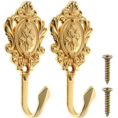 OULII 2-Pack Vintage Drapery Curtain Holdbacks Tieback Hooks Rose Pattern (Golden)