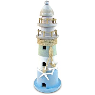 Puzzled COTA Global Ocean Breeze Lighthouse Decor - Handmade and Crafted Wooden Lighthouse Decoration with Starfish, Decorative Beach Style Tabletop Centerpiece - 12.25 Inches