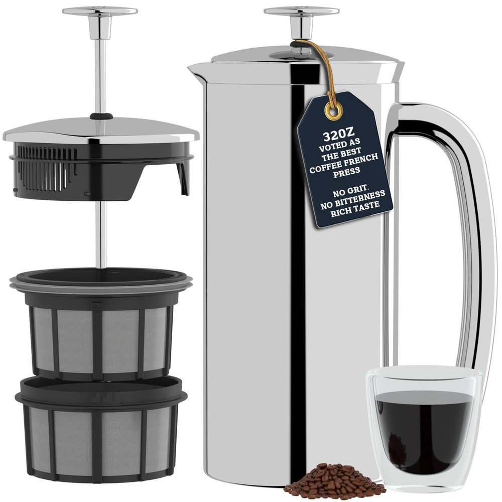 ESPRO P7 Polished French Press Stainless Steel 304 Patented Double Walled Micro-Filter Insulated French Press Coffee Maker, Grit-Free Brew - Heat Resistant BPA Free (18oz)