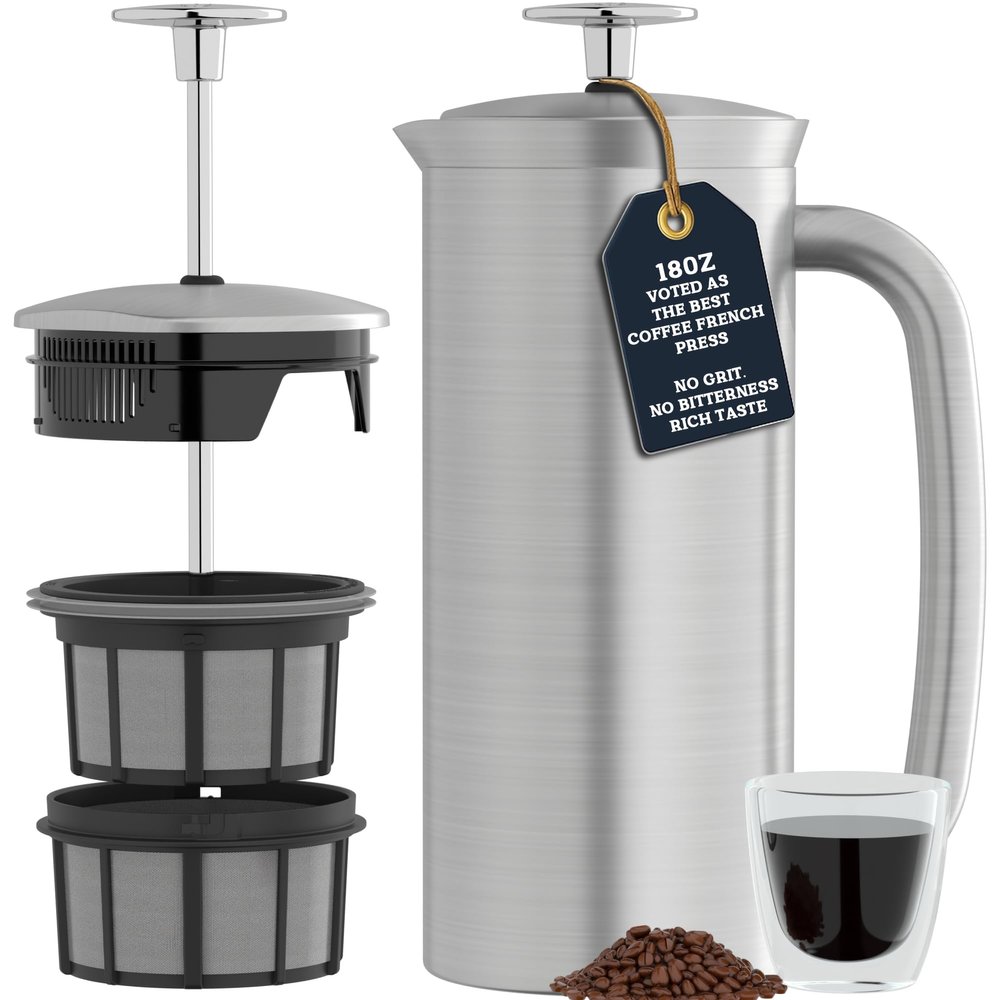 ESPRO P7 Brushed Stainless Steel French Press 304 Patented Double Walled Micro-Filter Insulated French Press Coffee Maker, Grit-Free Brew - Heat Resistant BPA Free (18oz)
