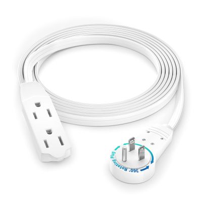 Maximm Cable 6 Ft 360 Rotating Flat Plug Extension Cord/Wire, 16 AWG Multi 3 Outlet Extension Wire, 3 Prong Grounded Wire - White - UL Certified