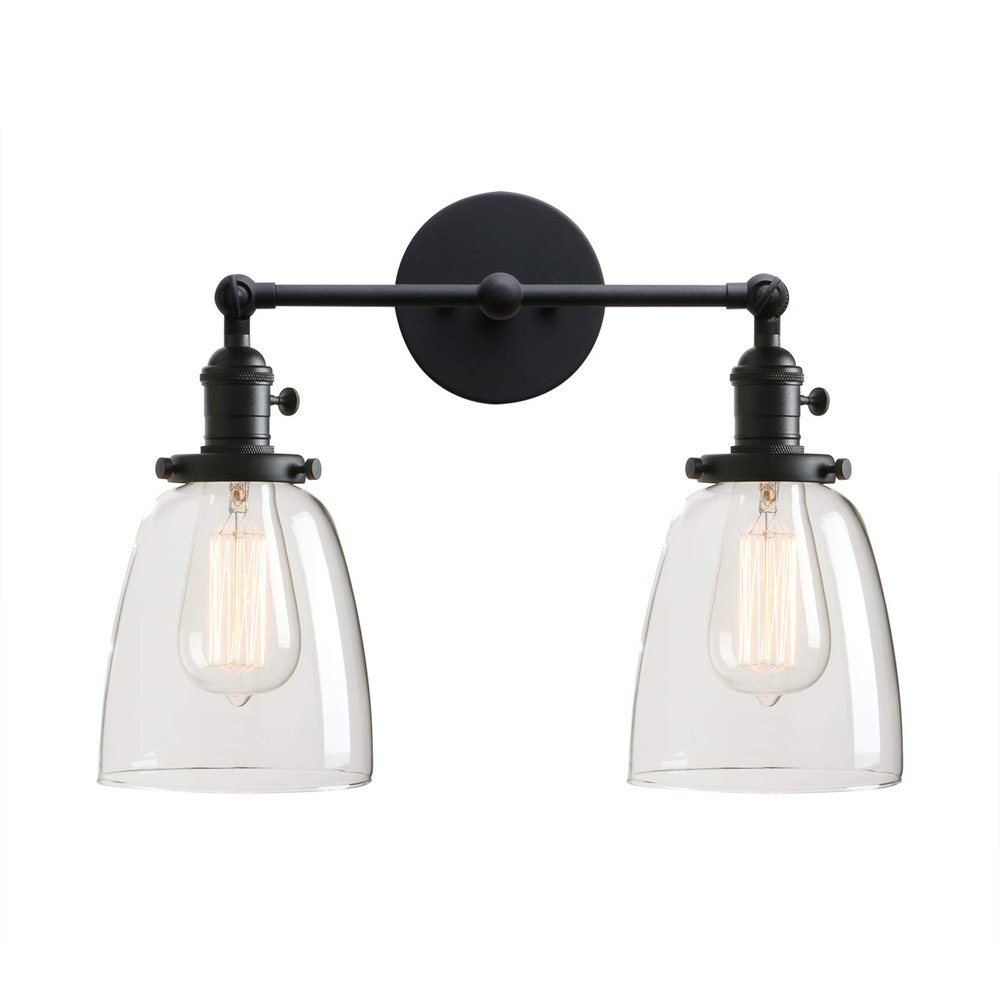 Permo Double Sconce Vintage Industrial Antique 2-Lights Wall Sconces with Oval Cone Clear Glass Shade (Black)