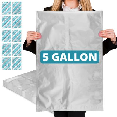 Dry-Packs 10 5 Gallon Mylar Bags with Oxygen Absorbers for Food Storage, 2000cc Oxygen Absorber, Long Term Food Storage Solution, Durable and Reliable Mylar Bags, 20"x30" Silver