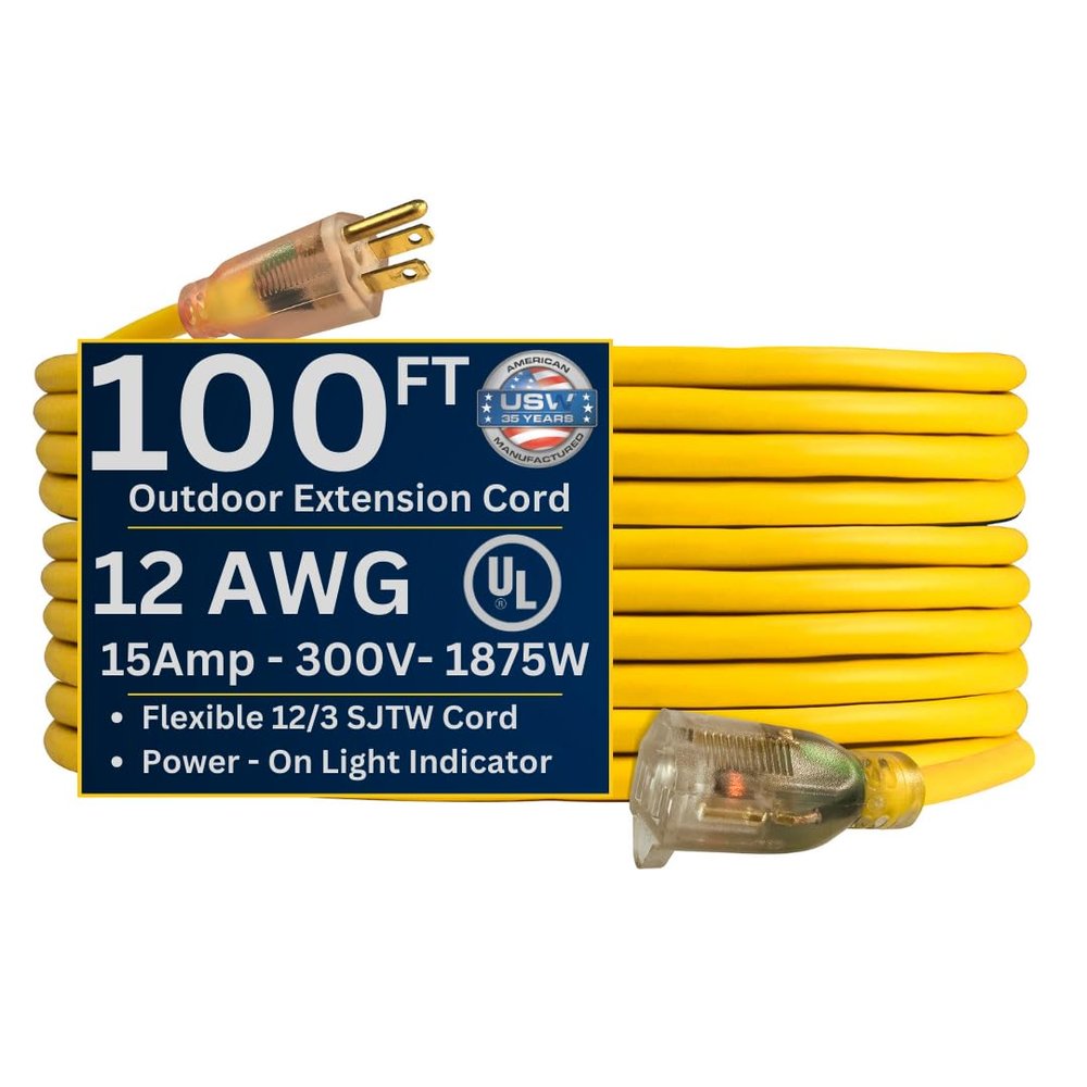 US Wire and Cable 12/3 Gauge x 100-Foot Lighted Heavy Duty General Purpose Extension Cord  12/3 Gauge, Yellow, Kink-Resistant, Heavy Duty, Power Indicator Light, SJTW, Made in USA