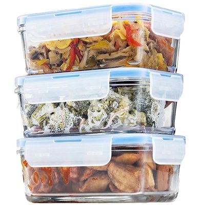 FineDine Glass Meal Prep Containers with Lids - Set of 3 Square 28 Oz Containers - Airtight, Leakproof, Microwave & Dishwasher Safe - Perfect for Snacks, Dips, and Meal Prep