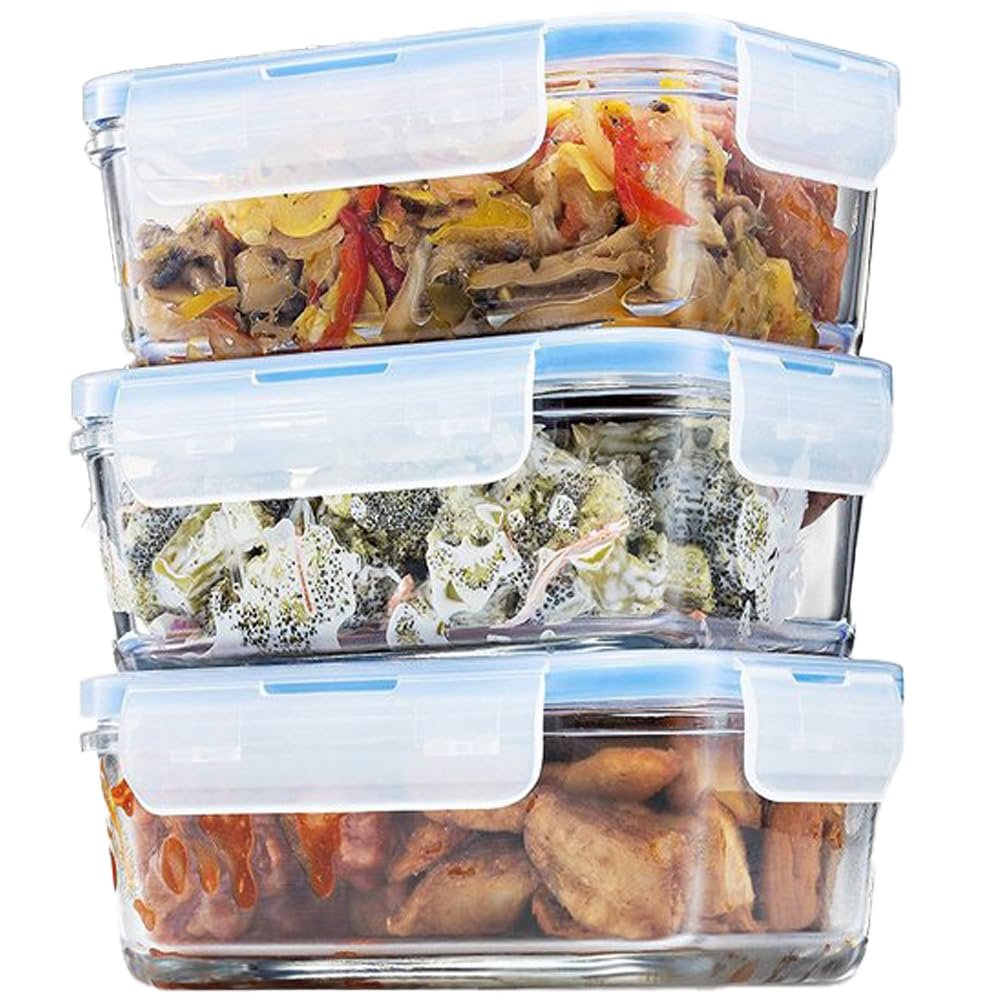 FineDine Glass Meal Prep Containers with Lids - Set of 3 Square 28 Oz Containers - Airtight, Leakproof, Microwave & Dishwasher Safe - Perfect for Snacks, Dips, and Meal Prep