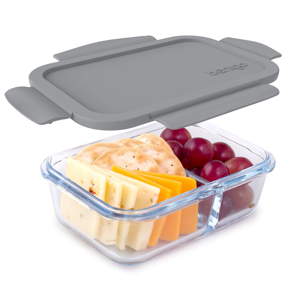 Bentgo Glass Snack - Leak-Proof Bento-Style Snack Container with Airtight Lid and Divided 2-Compartment Design - 1.75 Cup Capacity for Meal Prepping, and Portion-Controlled Snacking (Gray)