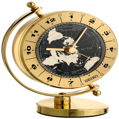 Seiko QHG106GLH Brass Globe Non Ticking Desk and Table Clock with 24 Time Zones, Gold, 5 x 4 Inches