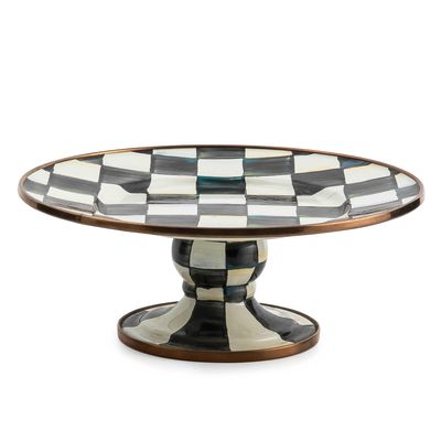 MACKENZIE-CHILDS Enamel Pedestal Serving Platter, Decorative Serving Dish for Food, Mini, Black-and-White Courtly Check