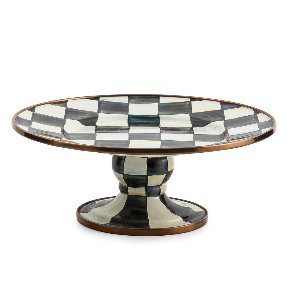 MACKENZIE-CHILDS Enamel Pedestal Serving Platter, Decorative Serving Dish for Food, Mini, Black-and-White Courtly Check