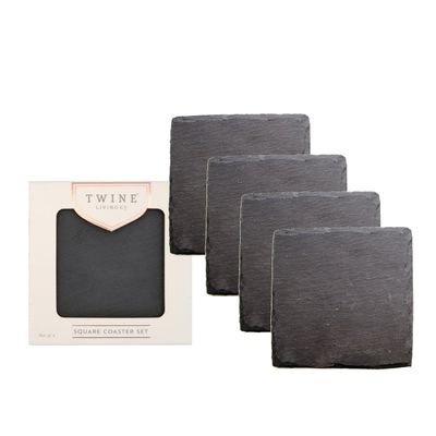 Twine Square Slate Coasters, Modern Square Coasters, Slate with Velvet Backing, Protect Tables and Surfaces, Black, Set of 4
