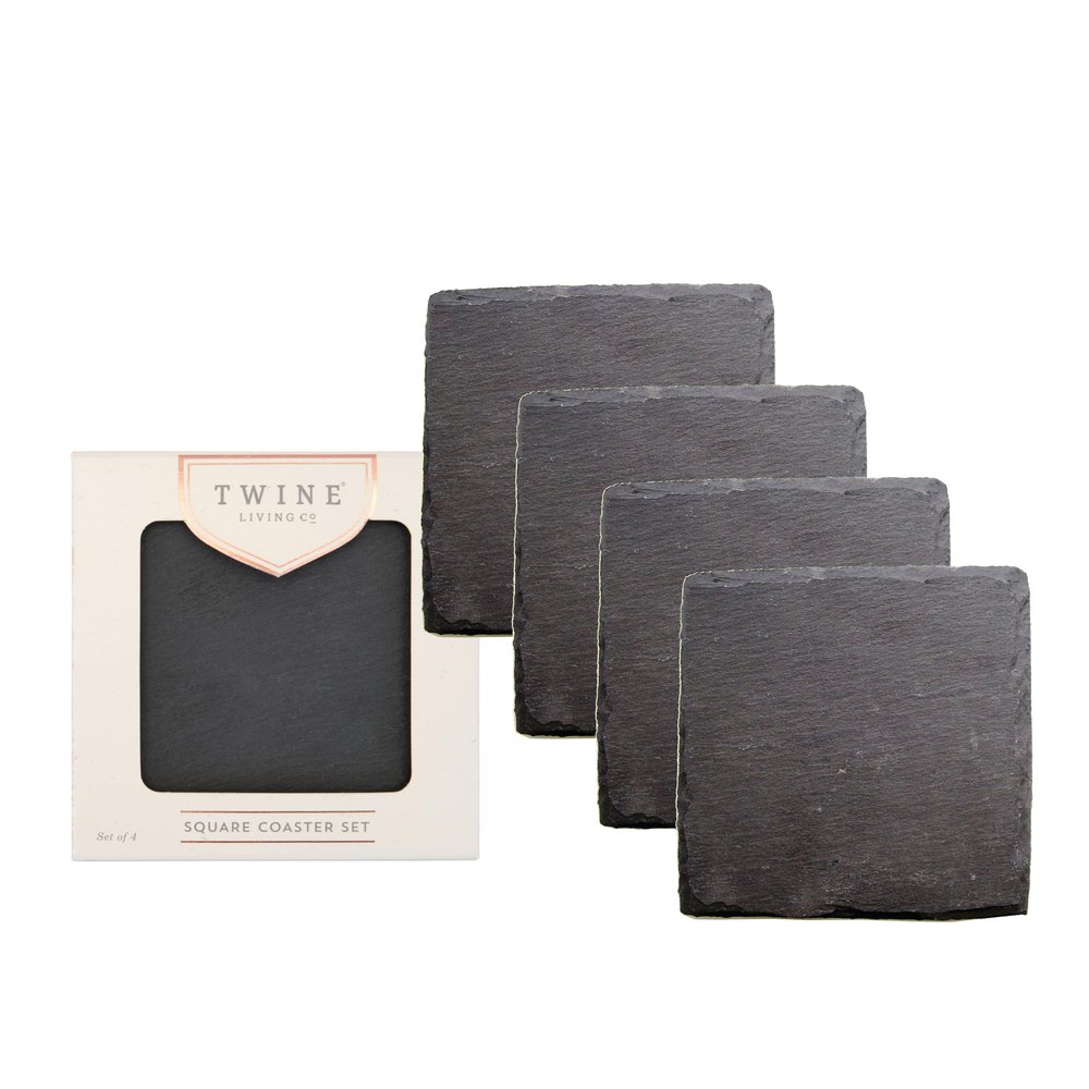 Twine Square Slate Coasters, Modern Square Coasters, Slate with Velvet Backing, Protect Tables and Surfaces, Black, Set of 4