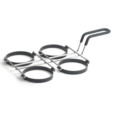 TableCraft 1240 Egg Ring, 9-1/2" x 15-1/2" x 3-3/4", (4) 4" Dia. x 5/8" Non-Stick Egg Rings, Black Cool-to-Touch Vinyl Handle, Dishwasher Safe, Nickel Plated Frame