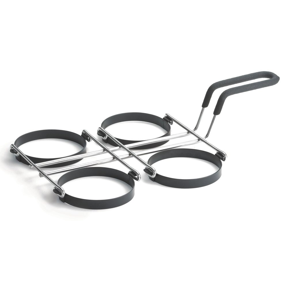 TableCraft 1240 Egg Ring, 9-1/2" x 15-1/2" x 3-3/4", (4) 4" Dia. x 5/8" Non-Stick Egg Rings, Black Cool-to-Touch Vinyl Handle, Dishwasher Safe, Nickel Plated Frame