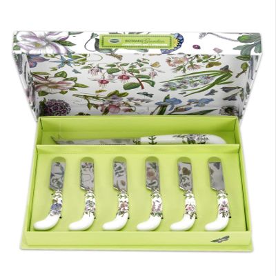 Portmeirion Botanic Garden Cheese Knife and Spreader Set | Cheese Knife and Set of 6 Spreaders | Floral Design | Made from Stainless Steel with Porcelain Handles