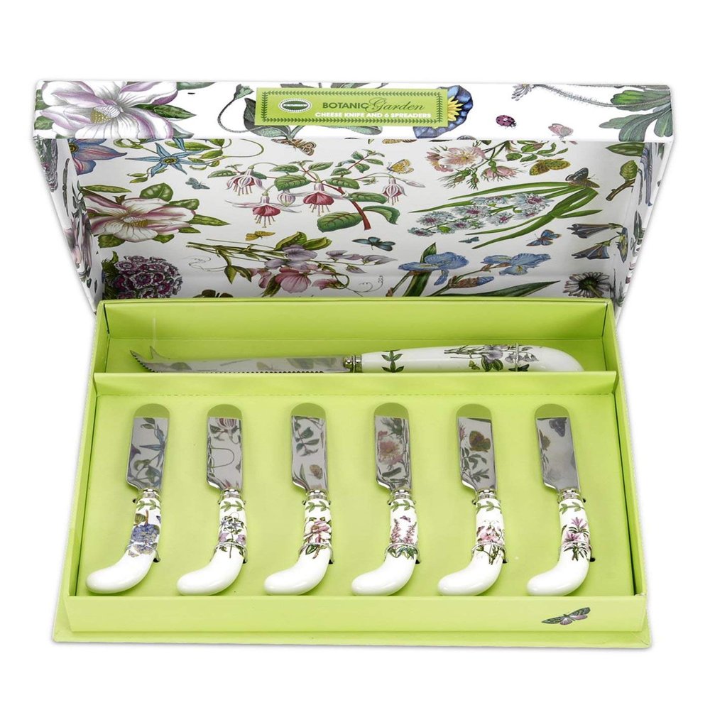 Portmeirion Botanic Garden Cheese Knife and Spreader Set | Cheese Knife and Set of 6 Spreaders | Floral Design | Made from Stainless Steel with Porcelain Handles