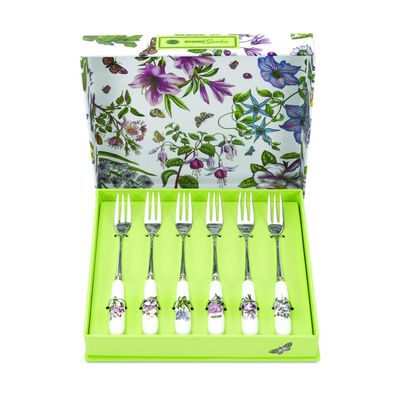 Portmeirion Botanic Garden 6" Pastry Forks (Set of 6) - Assorted Floral Motifs, Stainless Steel with Porcelain Handles, Chip-Resistant Glaze - Elegant Tableware for Sunday Brunch or Afternoon Tea