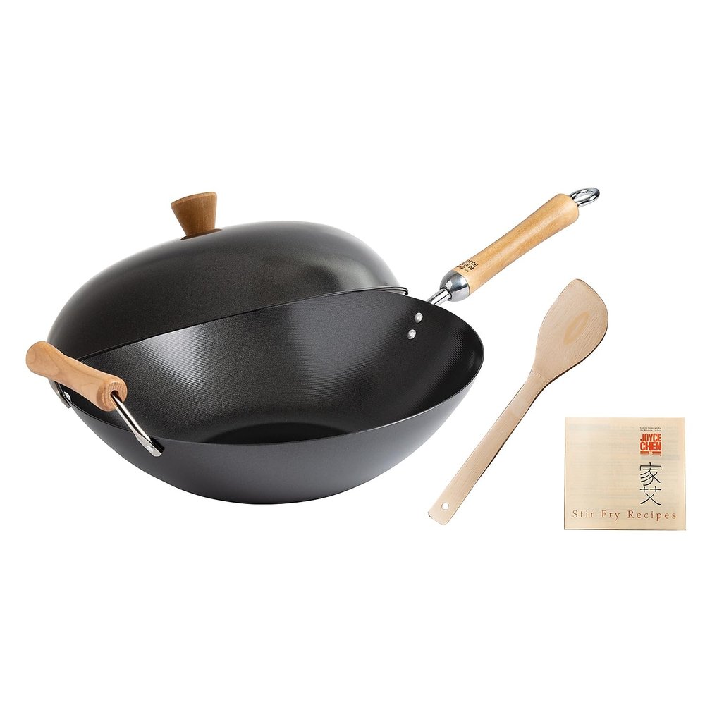 JOYCE CHEN Classic Series 14-Inch Carbon Steel Nonstick Wok Set with Lid and Birch Handles, 4 Pieces