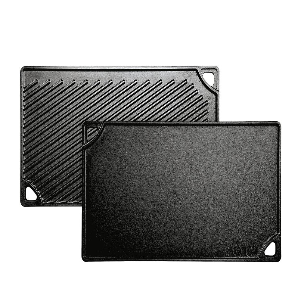 Lodge Reversible Cast Iron Grill/Griddle  9.5 x 16.75 Inch Pre-Seasoned Cooking Surface  Flat & Ribbed Sides  Use on Stove, Grill, or Campfire  Made in the USA  Heavy-Duty, Black