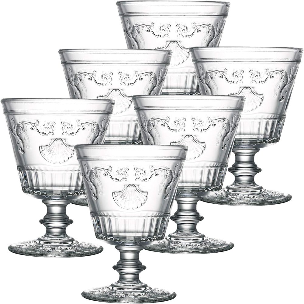 La Rochere Versailles Wine Glass Set of 6 Classic French Wine Glasses with Shell & Flower Motif Elegant Pressed Glass Stemware for Wine, Cocktails & Entertaining (14Oz)