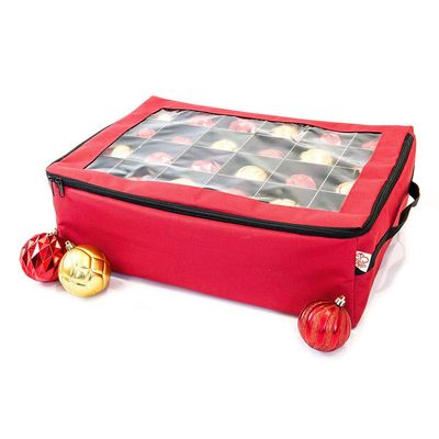 [Red Christmas Ornament Storage Box with Dividers] - (Holds 48 Ornaments up to 3 Inches in Diameter) | Acid-Free Removable Trays with Separators | Clear Window to Easily See Storage Bags Contents