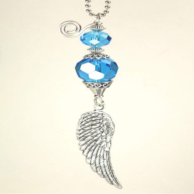 Turquoise Blue Faceted Glass with Silver Angel Wing Rear View Mirror Car Ornament Charm