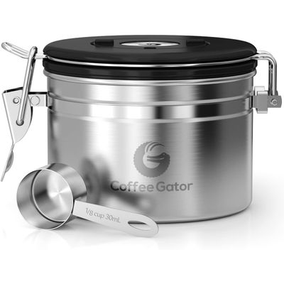 Coffee Gator Coffee Storage - 11oz Small Stainless Steel Tea and Sugar Containers - Stainless Steel Canisters with Date-Tracker, CO2 Valve for Freshness & Scoop - Silver