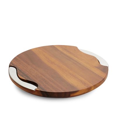 Namb Cheese Block and Knife Set Round Acacia Wood Board Featuring Stainless Steel Details, Contemporary Tray with Spreader, Stylish Table Accent for Parties, Gatherings, and Dining