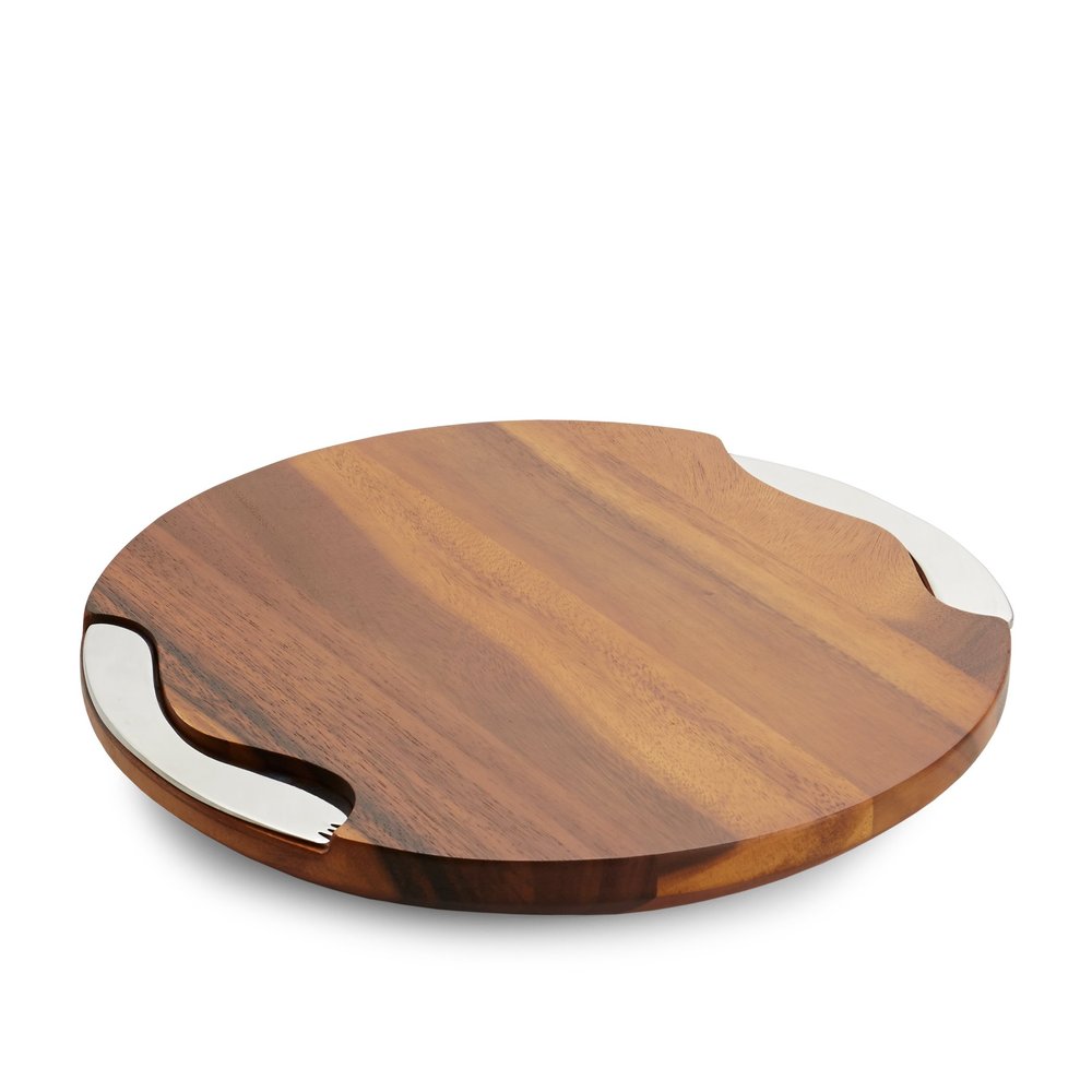 Namb Cheese Block and Knife Set Round Acacia Wood Board Featuring Stainless Steel Details, Contemporary Tray with Spreader, Stylish Table Accent for Parties, Gatherings, and Dining