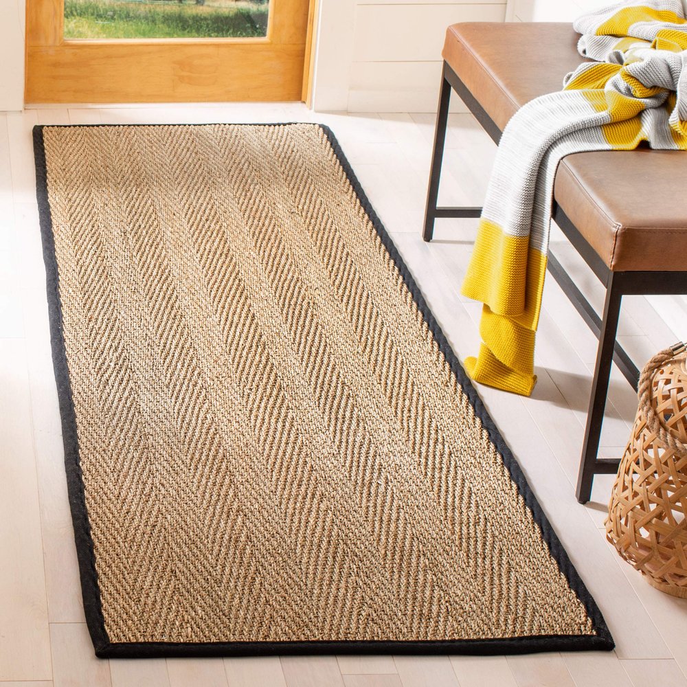 SAFAVIEH Natural Fiber Collection Runner Rug - 2'6" x 8', Natural & Black, Seagrass, Herringbone Pattern with Border (NF115C)