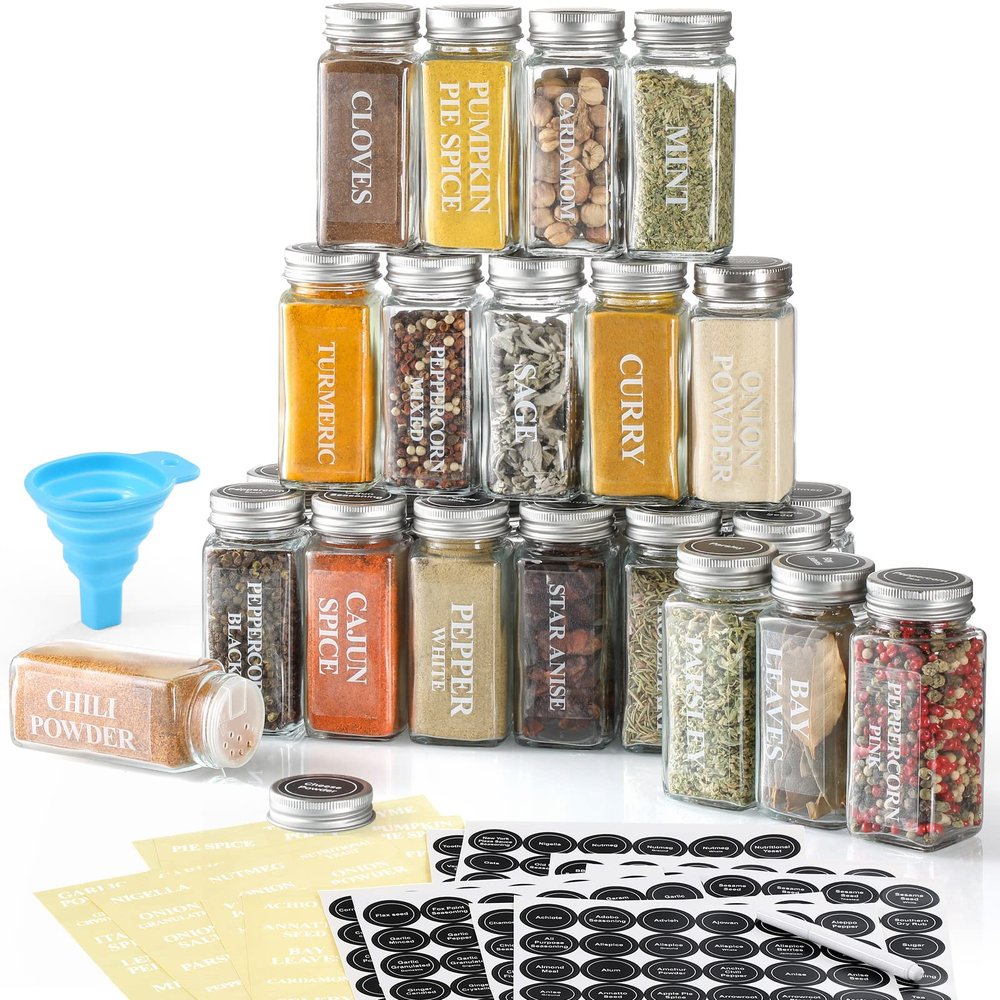 AOZITA 24 Pcs Glass Spice Jars with Labels - 4oz Empty Square Spice Bottles Containers, Condiment Pot, Shaker Lids and Airtight Metal Caps - Silicone Collapsible Funnel