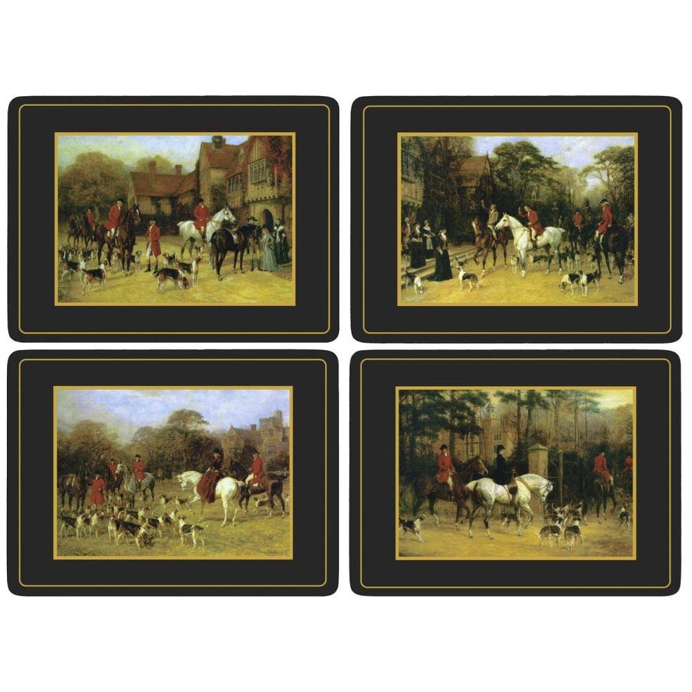 Pimpernel Tally Ho Placemats, Set of 4 (15.7" x 11.7") Traditional Hunting Scene Design with Black & Gold Borders, 5mm Cork-Backed Table Mats, Heat & Stain Resistant, Decorative Dining Accessory