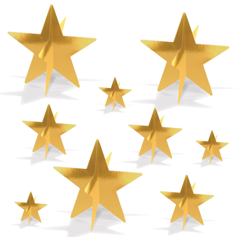 Beistle Gold 3-D Foil Star Centerpieces, 9-Count  Metallic Starry Table Decorations in 3 Sizes for New Years Eve, Awards Night, Graduation, Hollywood Party, Anniversary and Celebration Events